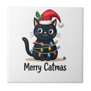 Merry Catmas Black Cat Christmas Light Xmas Family Tile