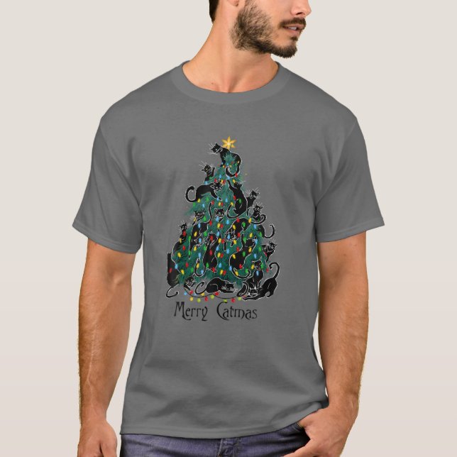 Merry Catmas Black Cat Lover Christmas Tree Light T-Shirt (Front)
