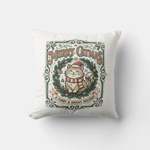 Merry Catmas Cat Christmas Vintage Vector Art Shir Cushion