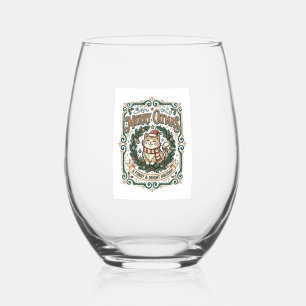 Merry Catmas Cat Christmas Vintage Vector Art Shir Stemless Wine Glass