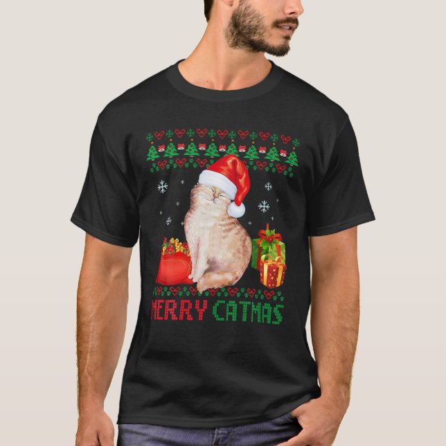 Merry Catmas Cat Ugly Christmas Aegean Mum Dad T-Shirt (Front)