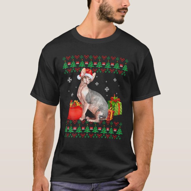 Merry Catmas Cat Ugly Christmas Sphynx Mum Dad T-Shirt (Front)