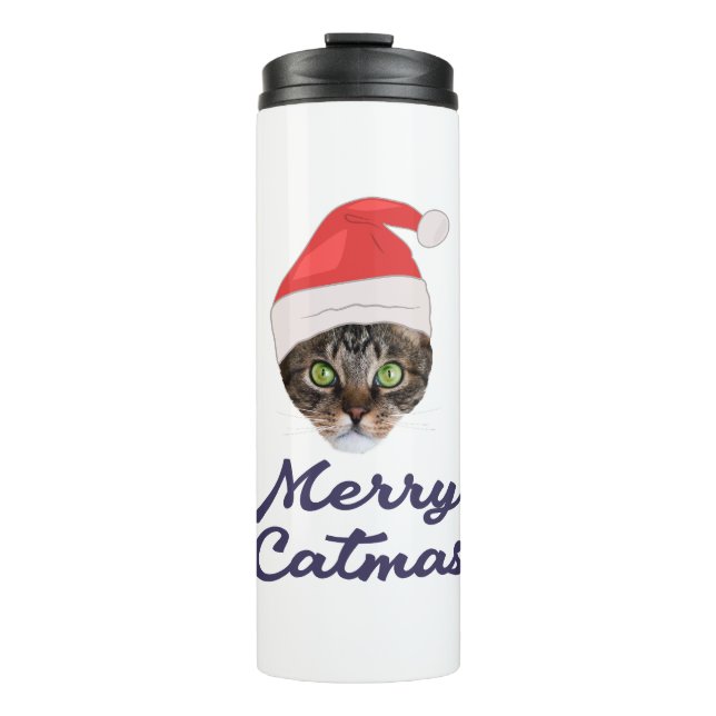 Merry Catmas, Christmas Cat Santa hat Invitation Thermal Tumbler (Front)