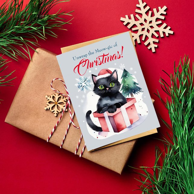 Merry catmas Christmas greetings for cat people Po Postcard (Cat Christmas greeting postcard for cat people watercolor cute black cat in red hat inside gift box)