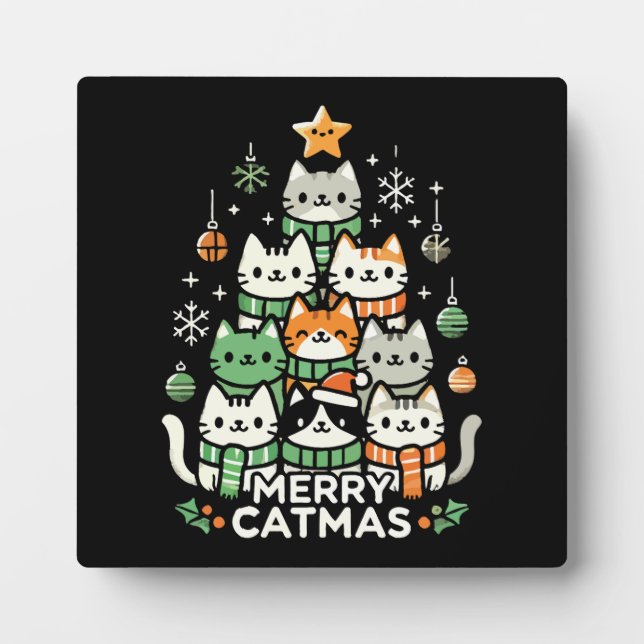 Merry Catmas Cute Cat Christmas Tree Holiday Plaque (Front)