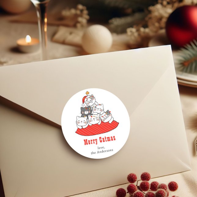Merry Catmas Cute Cats Holiday Personalized  Classic Round Sticker (Creator Uploaded)