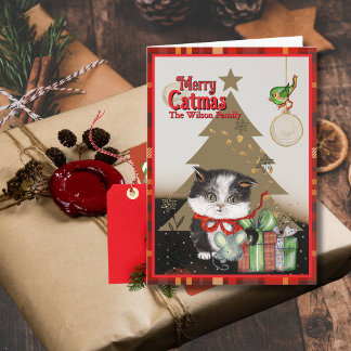 Merry Catmas Cute Kitten Christmas Red bow Holiday Card