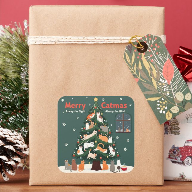 Merry Catmas: Festive Feline Christmas Tree Design Square Sticker (Holiday)