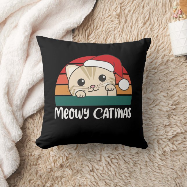 Merry Catmas Funny Cat Christmas Pun Throw Pillow (Blanket)