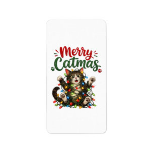 Merry Catmas Funny Cat Christmas Tree Lights Xmas Label
