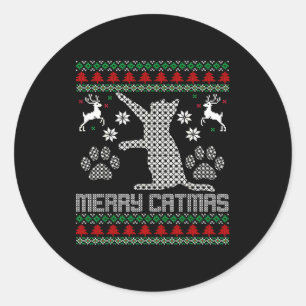 Merry Catmas Funny Cat Christmas Ugly Sweater Men  Classic Round Sticker