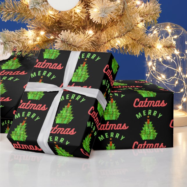 Merry Catmas Funny Christmas Cat Tree Pattern Wrapping Paper (Holidays)