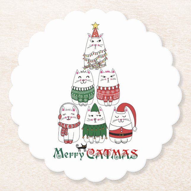 Merry Catmas Funny Christmas Kitten Tree Paper Coaster (Front)