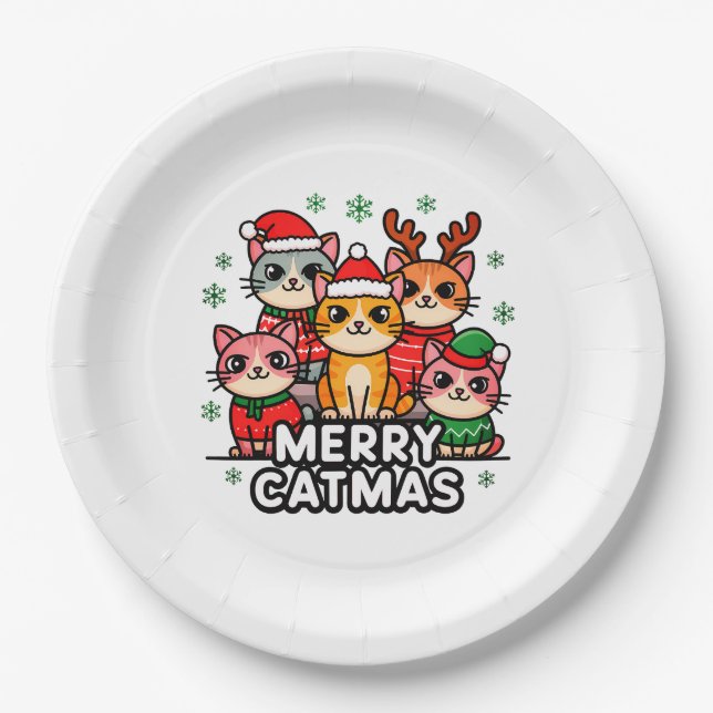 Merry Catmas Funny Christmas Paper Plate (Front)