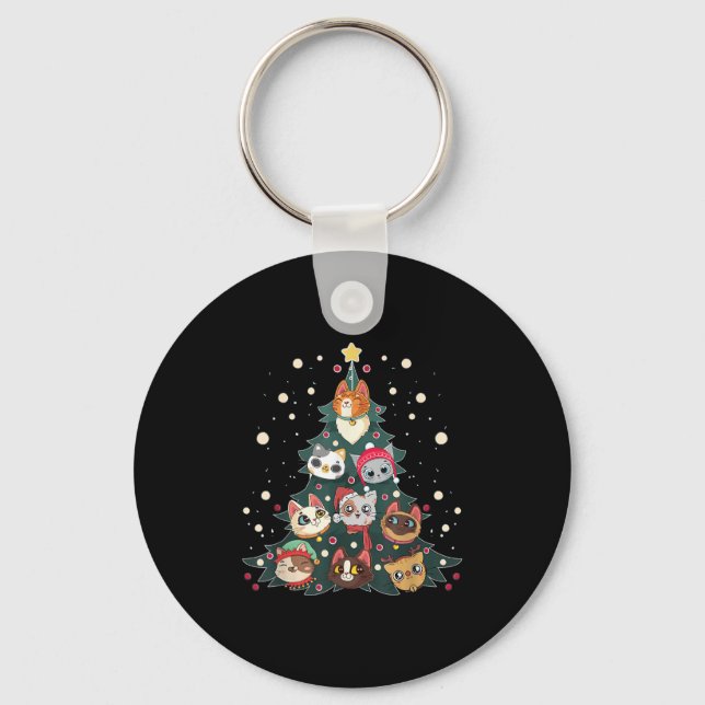 Merry Catmas Funny Christmas Tree, Cats Xmas Meow  Key Ring (Front)