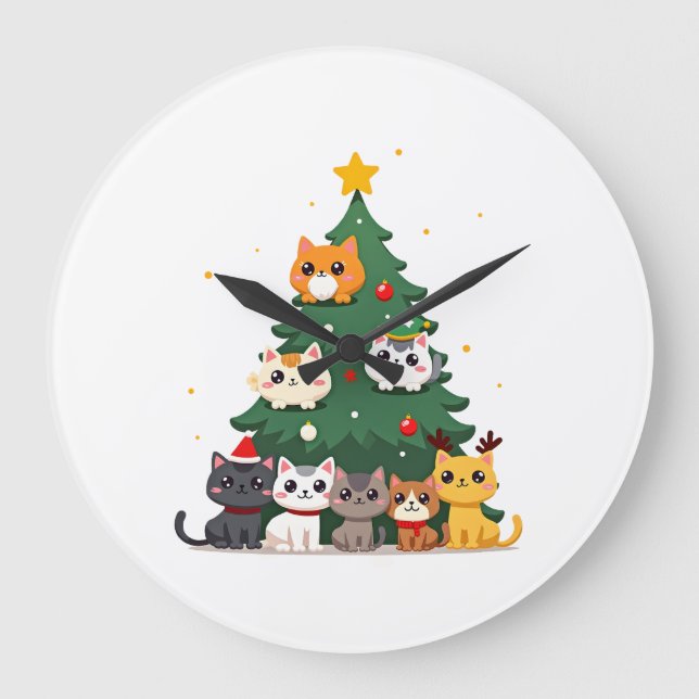 Merry Catmas Funny Christmas Tree, Cats Xmas Meow  Large Clock (Front)