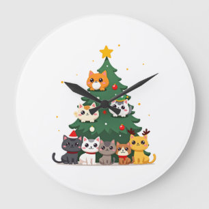 Merry Catmas Funny Christmas Tree, Cats Xmas Meow Large Clock