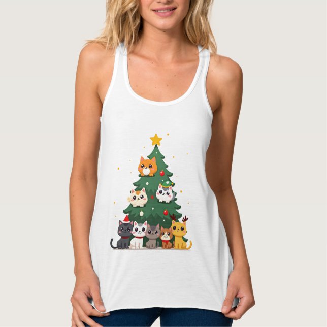 Merry Catmas Funny Christmas Tree, Cats Xmas Meow  Singlet (Front)