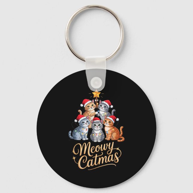 Merry Catmas Funny Christmas Tree Matching Meowy X Key Ring (Front)