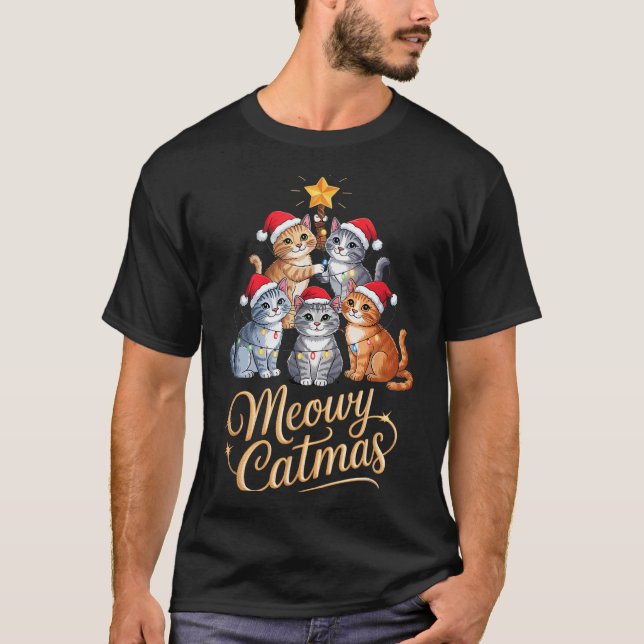 Merry Catmas Funny Christmas Tree Matching Meowy X T-Shirt (Front)