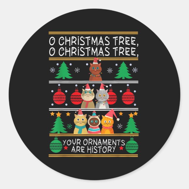 Merry Catmas Funny O Christmas Tree, Cat Xmas Meow Classic Round Sticker (Front)
