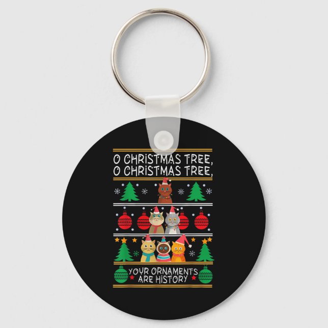 Merry Catmas Funny O Christmas Tree, Cat Xmas Meow Key Ring (Front)