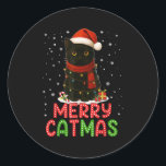 Merry Catmas Santa Hat Funny Black Cat Christmas W Classic Round Sticker<br><div class="desc">Merry Catmas Santa Hat Funny Black Cat Christmas Women Kids</div>