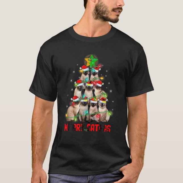 Merry Catmas Santa Siamese Cats Christmas Tree Lig T-Shirt (Front)