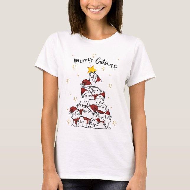 Merry Catmas Shirt, funny cats tree Christmas gift T-Shirt (Front)