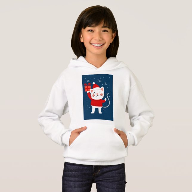 Merry Catmas – White Cat with Gift & Santa Style (Front Full)