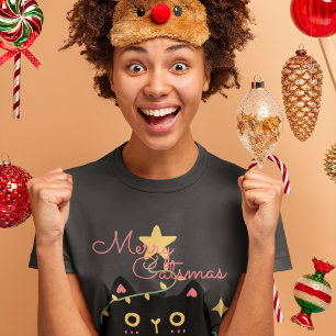 Merry Catsmas: Black Cat with Christmas Lights T-Shirt