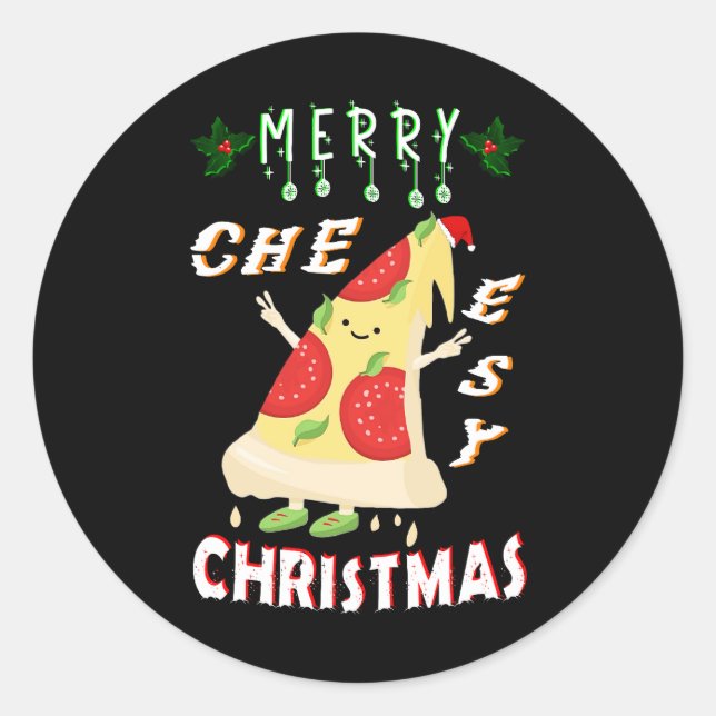 Merry Cheesy Christmas Xmas Santa Pizza Christmas Classic Round Sticker (Front)