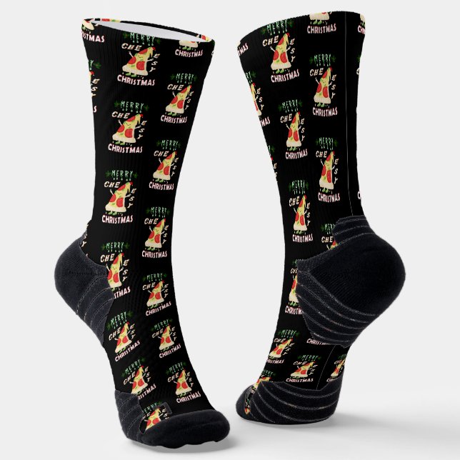 Merry Cheesy Christmas Xmas Santa Pizza Christmas Socks (Angled)