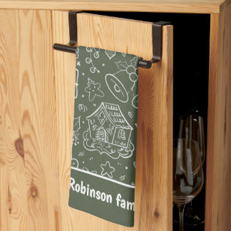 Merry Chirstmas Hand Drawn Doodles Family Name  Tea Towel