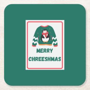 Merry Chreeshmas Penguin Sweater Square Paper Coaster