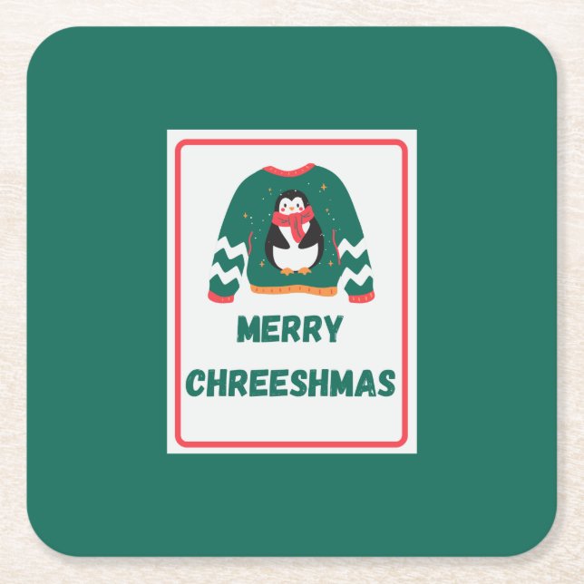 Merry Chreeshmas Penguin Sweater Square Paper Coaster (Front)