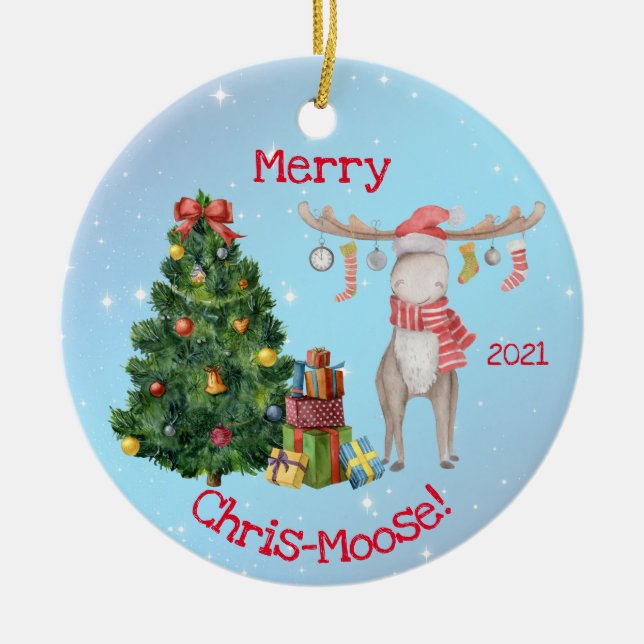 Merry Chris-Moose and Polar Bear Christmas Ceramic Tree Decoration (Front)