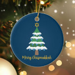 Merry Chrismukkah Cute Hanukkah Christmas Ceramic Tree Decoration<br><div class="desc">This cute Merry Chrismukkah ornament gift features a green Christmas tree decorated with blue dreidel ornaments and a gold Jewish Star of David for Hanukkah at the top for Hanukkah to combine the 2 holidays for a family that celebrates both.</div>