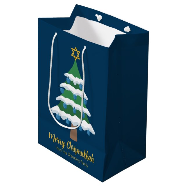Merry Chrismukkah Cute Hanukkah Tree Party Medium Gift Bag (Front Angled)