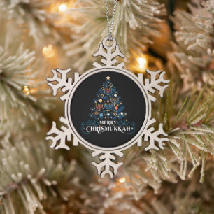Merry Chrismukkah Jewish Holiday Hanukkah Snowflake Pewter Christmas Ornament