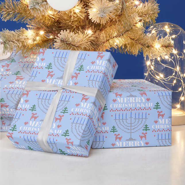 Merry Chrismukkah Pixel Reindeer and Menorah  Wrapping Paper (Holidays)