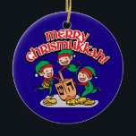 Merry Chrismukkah with Elves and Dreidels Ceramic Tree Decoration<br><div class="desc">Add these fun interfaith (Hanukkah and Christmas) ornaments to your Chrismukkah celebrations this year. If you celebrate the holidays together, these are a nice touch. This is our design and you won't find it anywhere other than in our store. Chrismukkah is celebrated by people usually in families with both Jewish...</div>