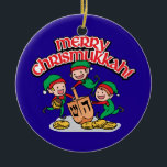Merry Chrismukkah with Elves and Dreidels Ceramic Tree Decoration<br><div class="desc">Add these fun interfaith (Hanukkah and Christmas) ornaments to your Chrismukkah celebrations this year. If you celebrate the holidays together, these are a nice touch. This is our design and you won't find it anywhere other than in our store. Chrismukkah is celebrated by people usually in families with both Jewish...</div>