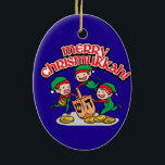 Merry Chrismukkah with Elves and Dreidels Ceramic Tree Decoration<br><div class="desc">It's a true Chrismukkah for 2019! Christmas and Hanukkah fall over the same week! Add these fun interfaith (Hanukkah and Christmas) oval ornaments to your Chrismukkah celebrations this year. If you celebrate the holidays together, these are a nice touch. This is our design and you won't find it anywhere other...</div>