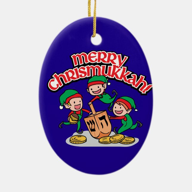 Merry Chrismukkah with Elves and Dreidels Ceramic Tree Decoration (Back)