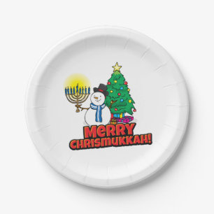 Merry Chrismukkah with Snowman and Menorah Paper Plate