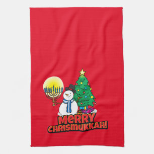 Merry Chrismukkah with Snowman and Menorah Tea Towel