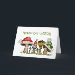 Merry ChrisMUSH Christmas Mushrooms Cartoon Holiday Card<br><div class="desc">Six funny cartoon mushroom caps wearing holiday caps are saying Merry ChrisMUSH. Let these funny fungi express your Christmas or Holiday Cheer. Inside text can be edited and reads: Warmest Wishes, (from some cosy caps wearing caps) and Cappy New Year! There is a cute small mushroom on the 2nd page...</div>