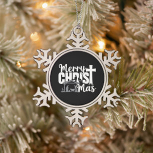 Merry Christ Mas Christian Christmas Jesus Family  Snowflake Pewter Christmas Ornament