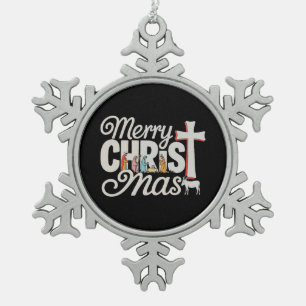 Merry Christ Mas Christian Christmas Jesus Xmas Snowflake Pewter Christmas Ornament